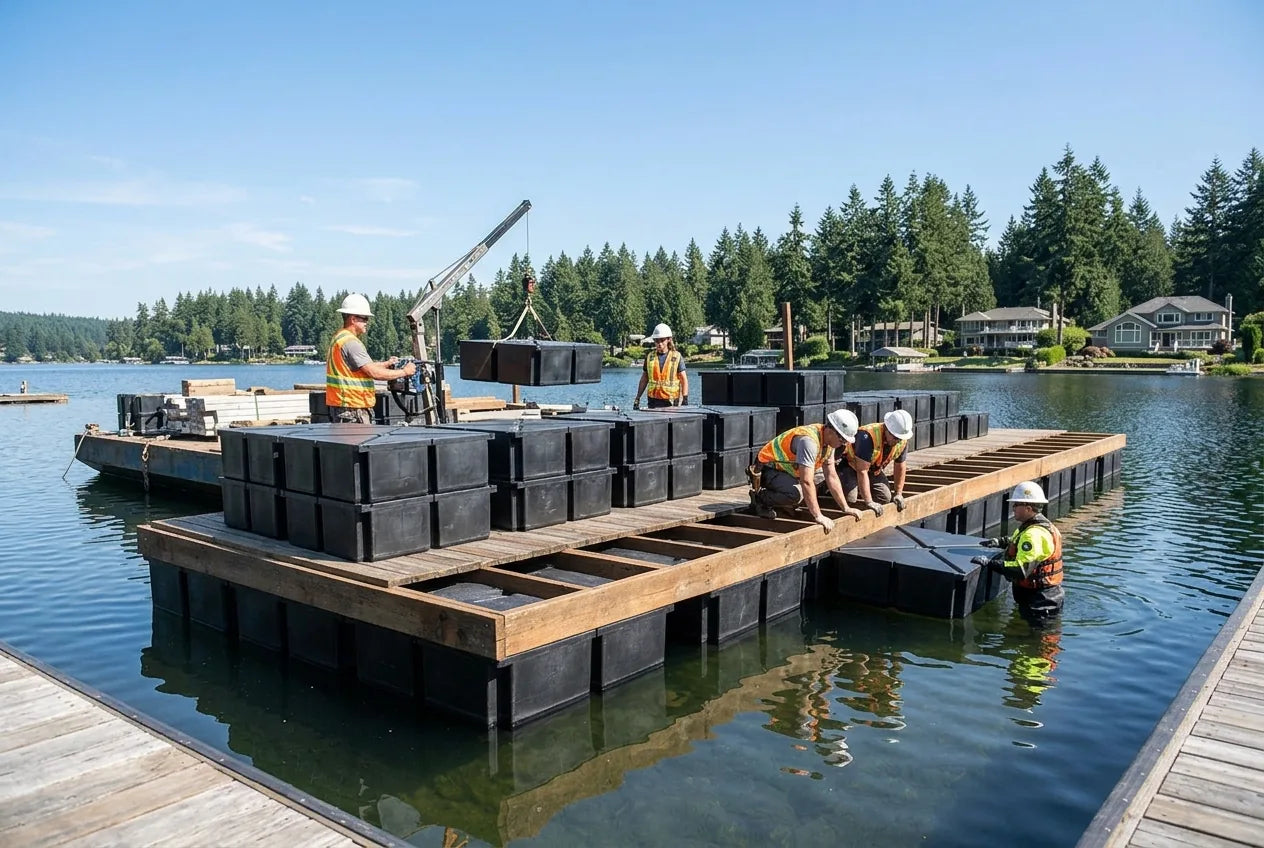 Crew installing PermaFloat dock floats on a lake