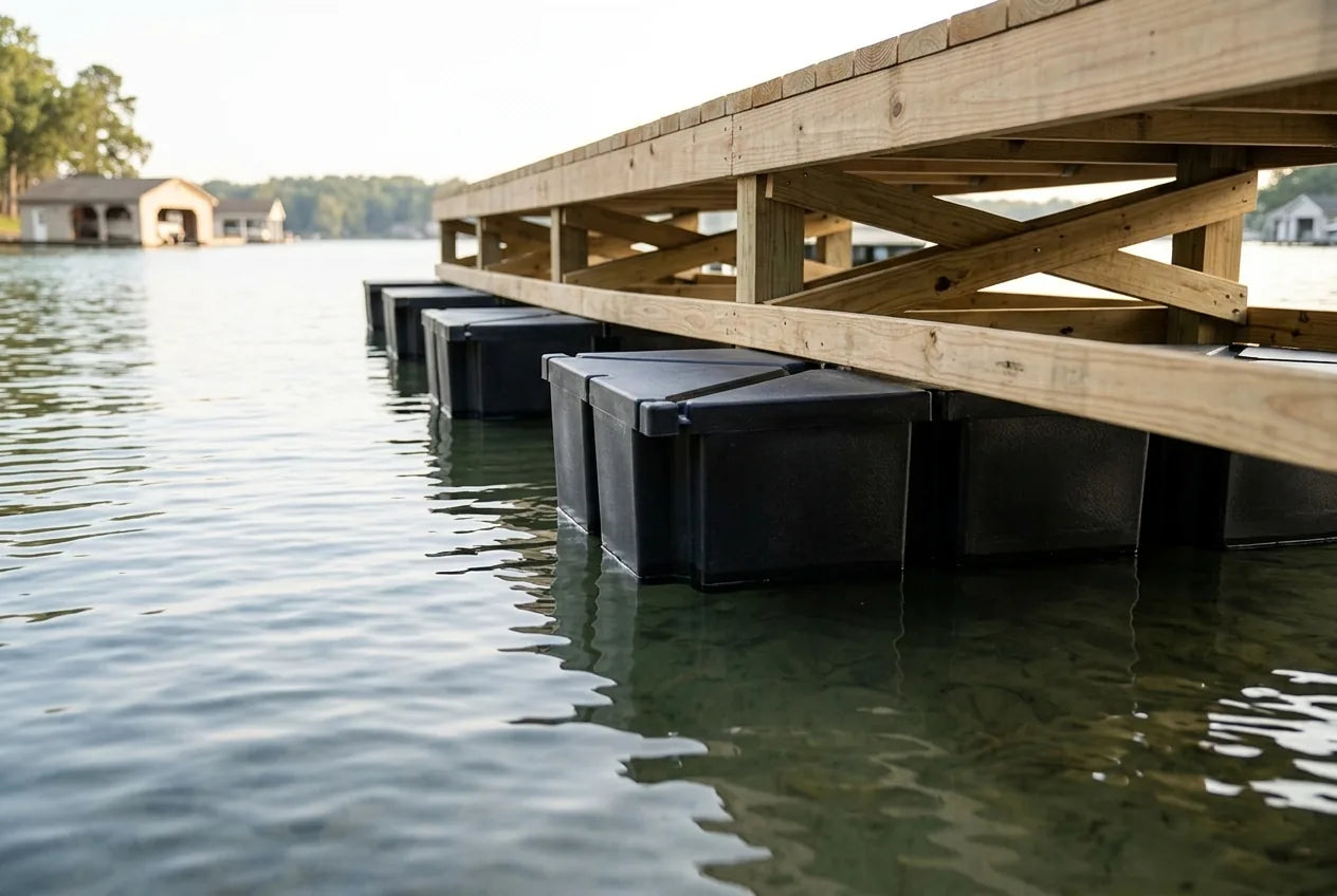 PermaFloat dock floats under a wooden dock